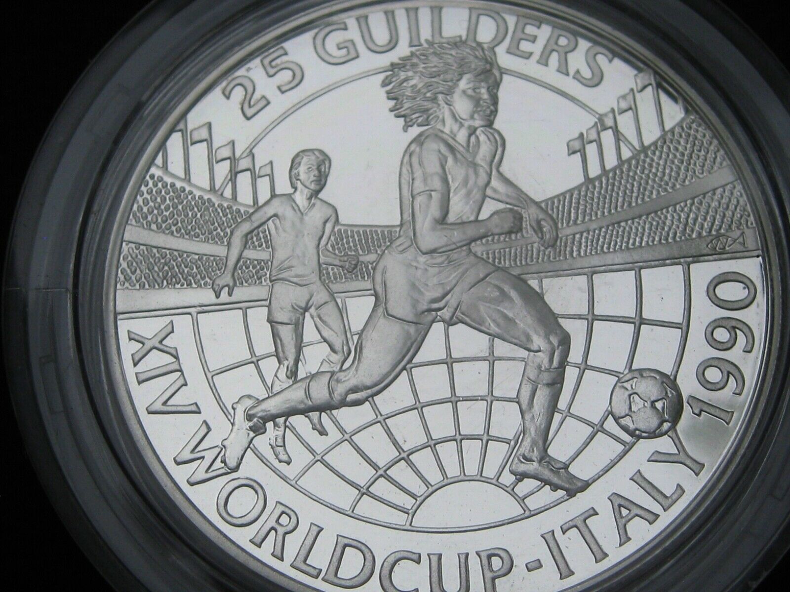 Suriname 25 Guilders 1990 "xiv World Cup Italy" .925 Silver Proof