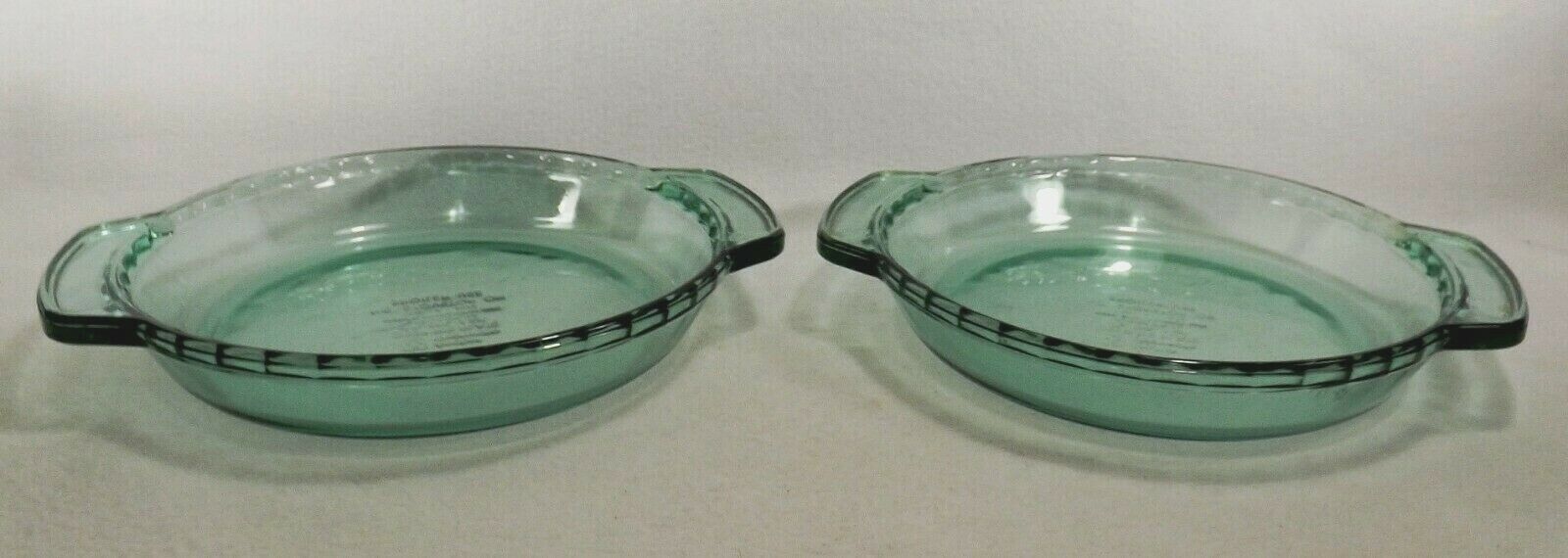 Set of 2 Anchor Hocking Green Glass Deep Pie Plates Handled Fluted Edge 9