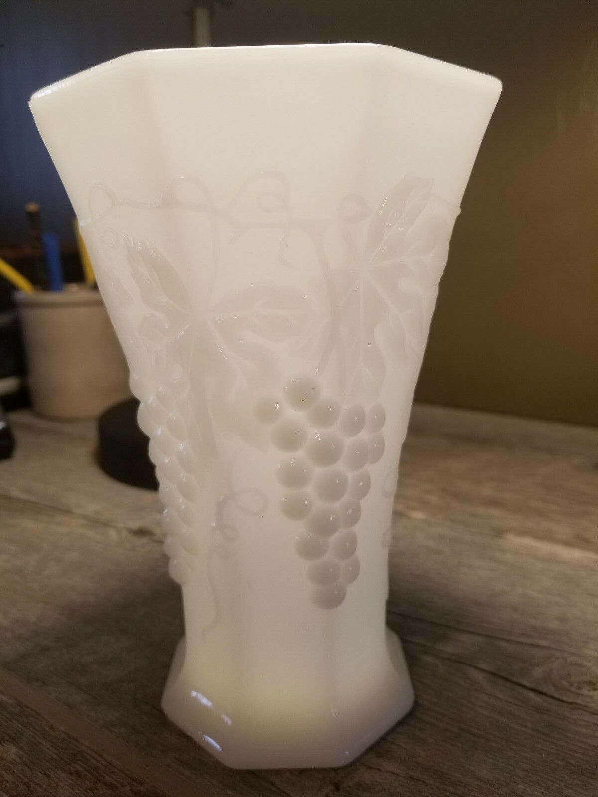 Vintage Anchor Hocking 7" Vase Grape Pattern Milk Glass