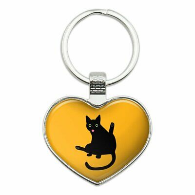 Black Cat Lifting Leg and Licking Heart Love Metal Keychain Key Chain Ring