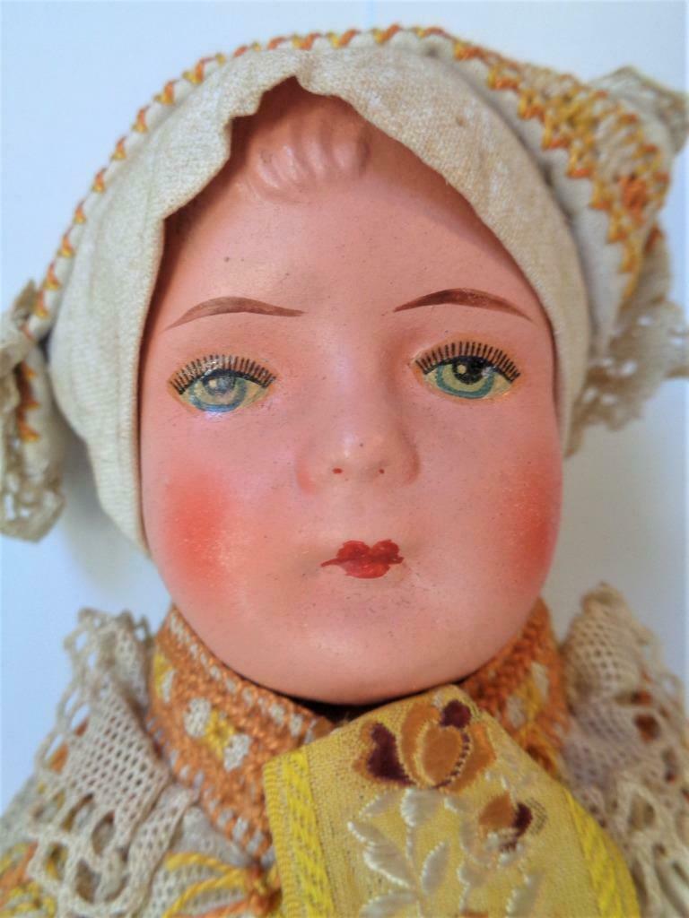 14" Antique Papier-mache & Cloth Doll From Slovakia Eastern European Girl