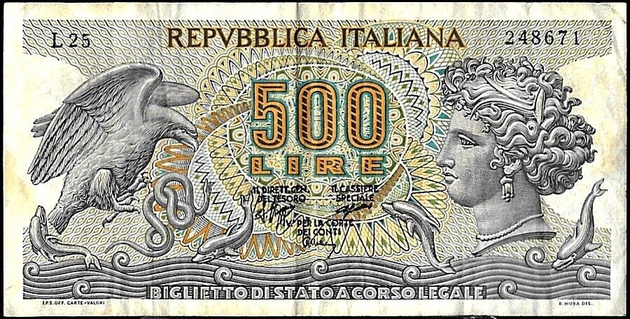 World Currency 1970 Italy 500 Lire Aretusa P 93