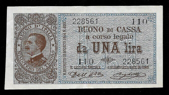 World Paper Money - Italy 1 Lira 1914 P36b Small Note @ Crisp XF+