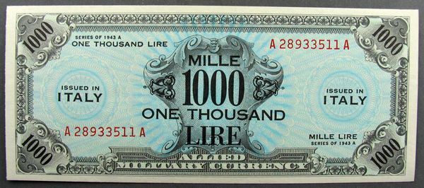 ITALY - 1000 Lire Banknote - Issued 1943 - P#M23a -Series 1943A -Crisp Unc ~5204