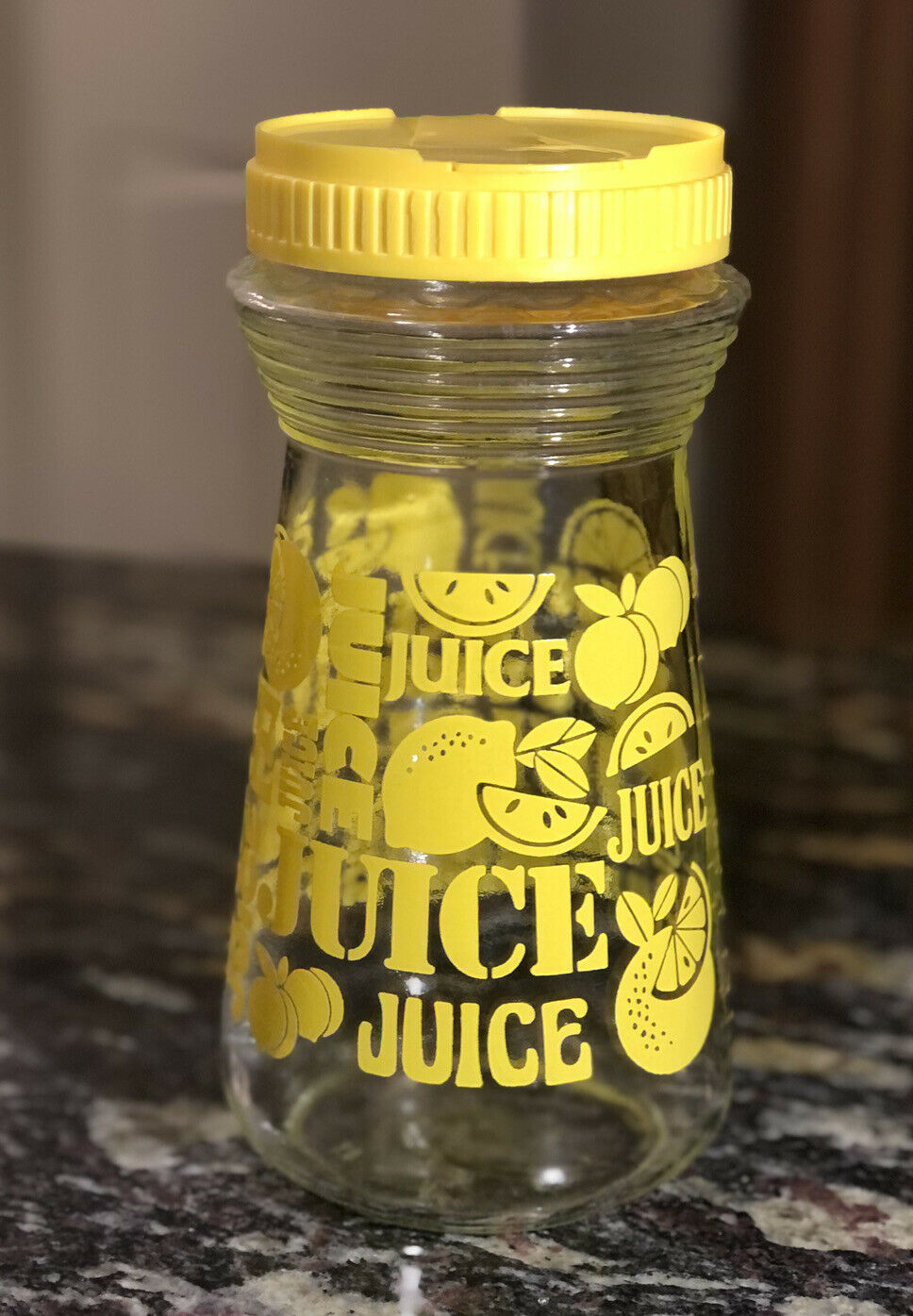 Vtg Anchor Hocking Clear Glass Juice Jar Carafe Jug Retro Yellow Lemon Design