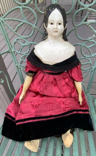 1800'S ANTIQUE PAPIER MACHE MILLINERS MODEL DOLL HEAD ON CLOTH BODY GLASS EYES
