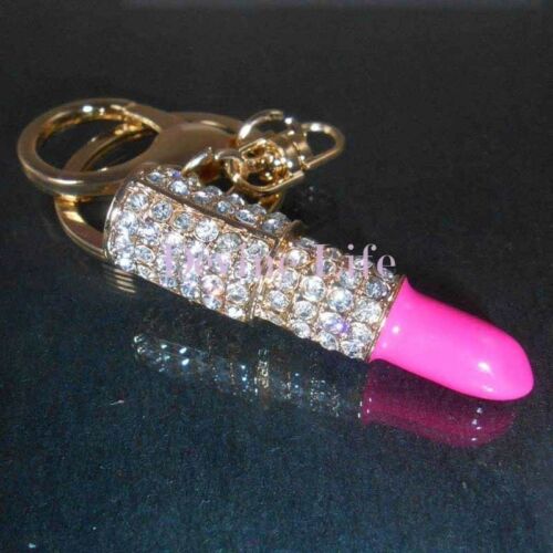 Pink & Red Crystal Lipstick Keychain Purse Charm, Rhinestone Car Bling Accessory