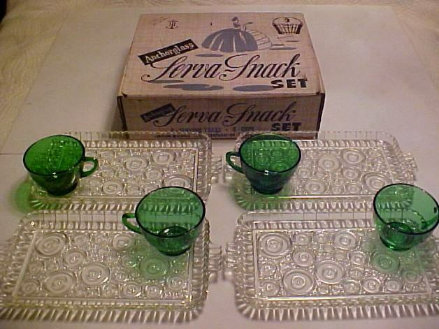 Vintage Anchor Hocking Colonial Lady Snack Set~Clear Plates & Green Cups
