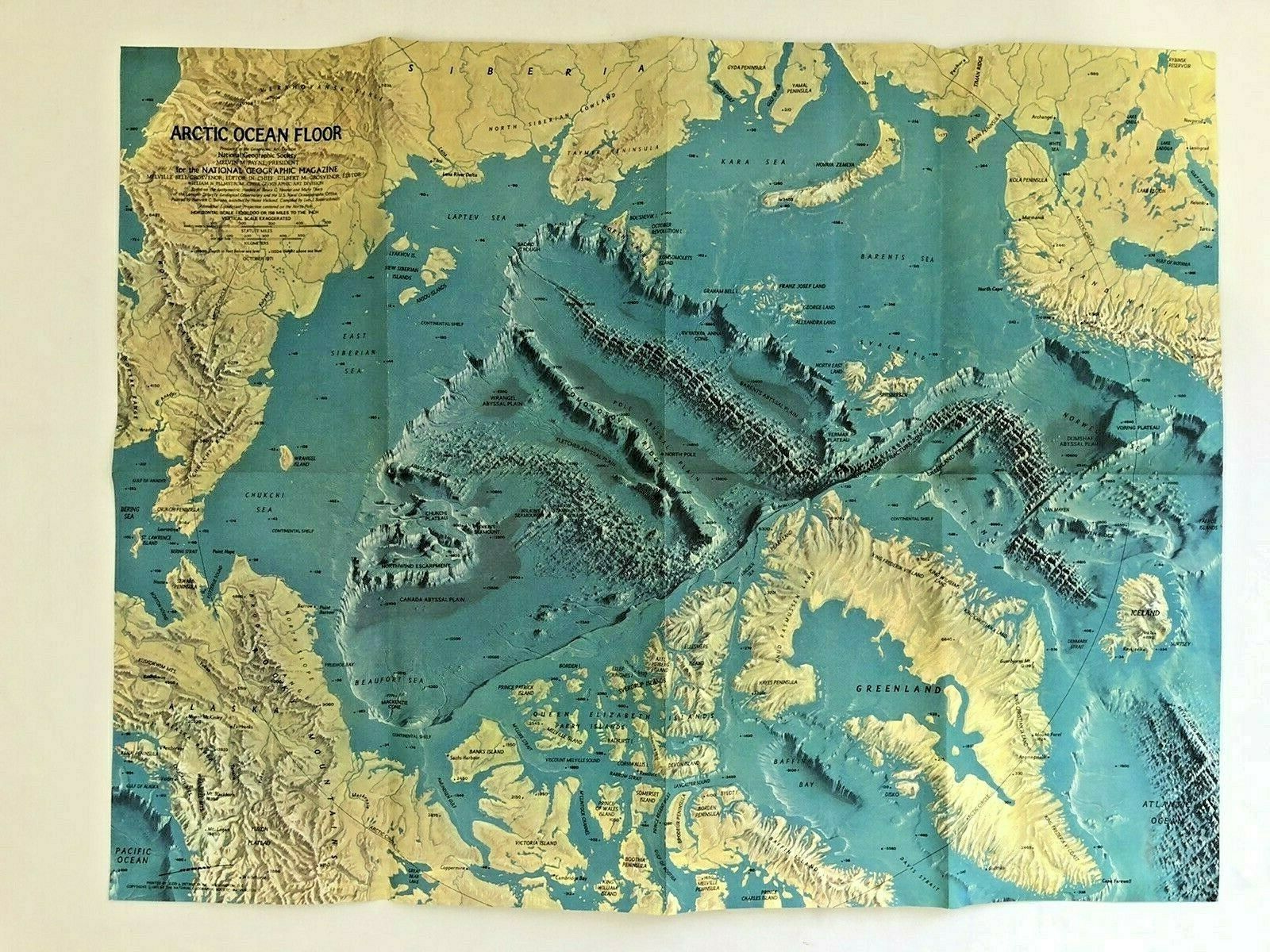 1971 October National Geographic Vintage Original Map Of Arctic Ocean Floor