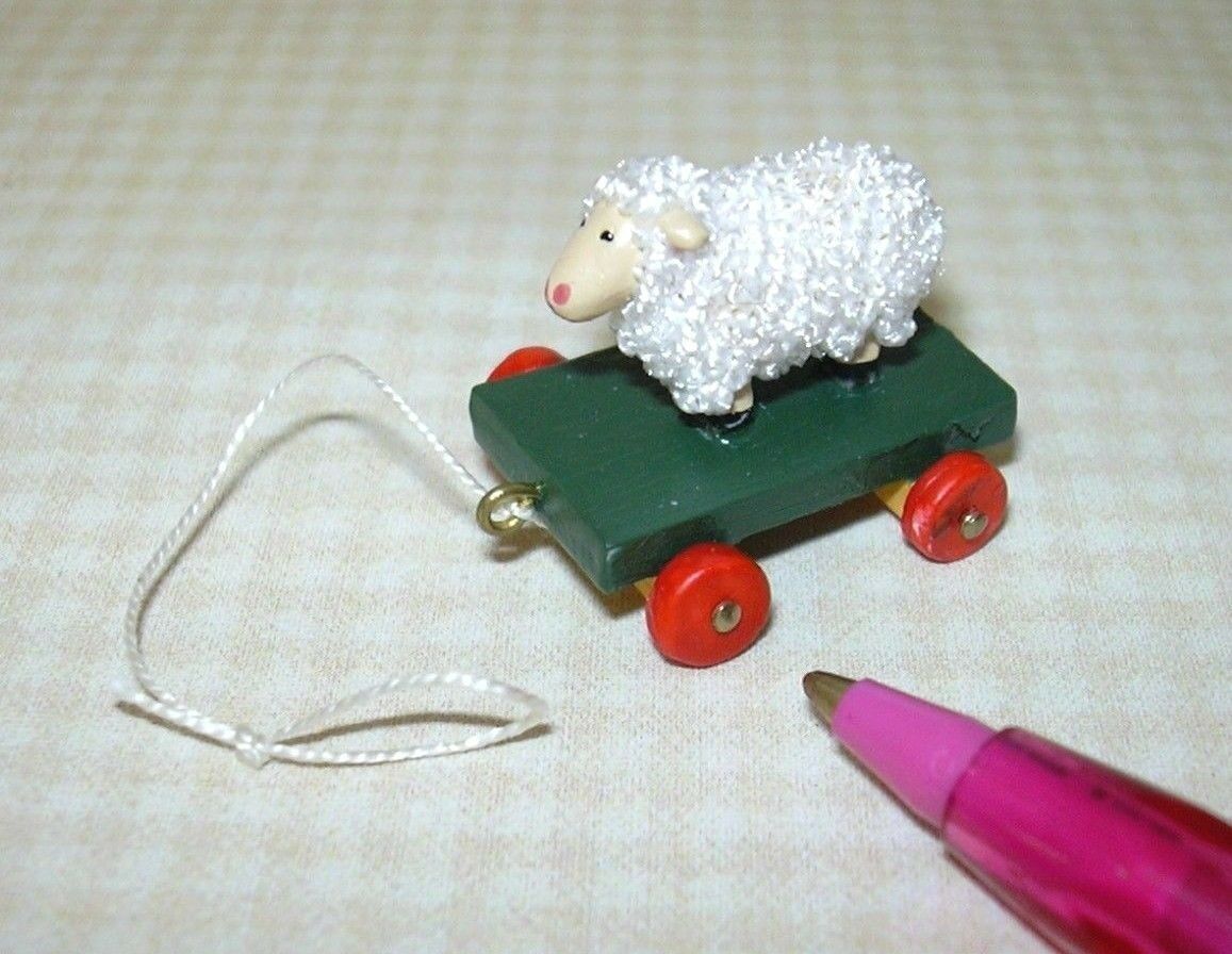 Miniature Fuzzy Sheep Pull Toy W/red Wheels: Dollhouse 1:12 Scale Toys