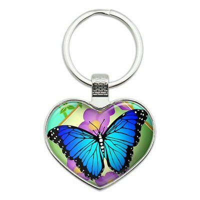 Blue Butterfly Purple Flowers Heart Love Metal Keychain Key Chain Ring