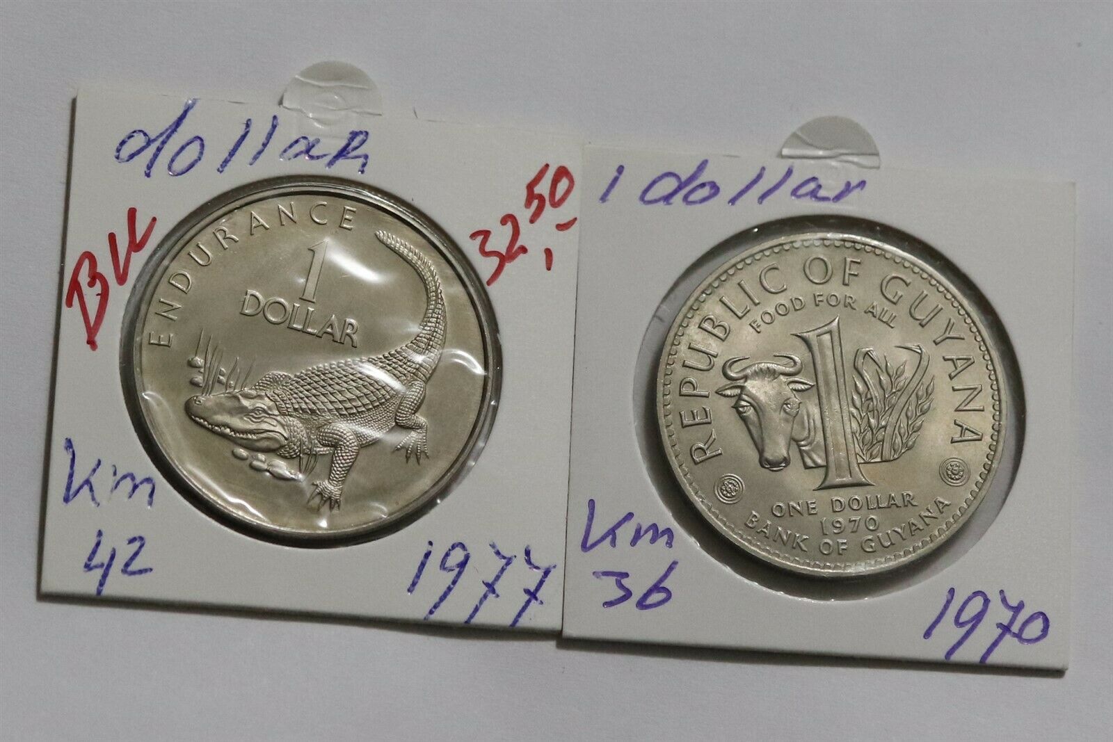 GUYANA 1 DOLLAR 1970 + 1 DOLLAR 1980 NATIONAL BANK B38 POL89