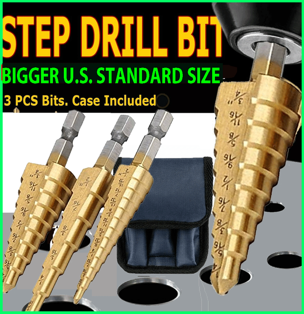 3Pcs Drill Bit Titanium Nitride Coated Set Steel Step Quick Change 1/4