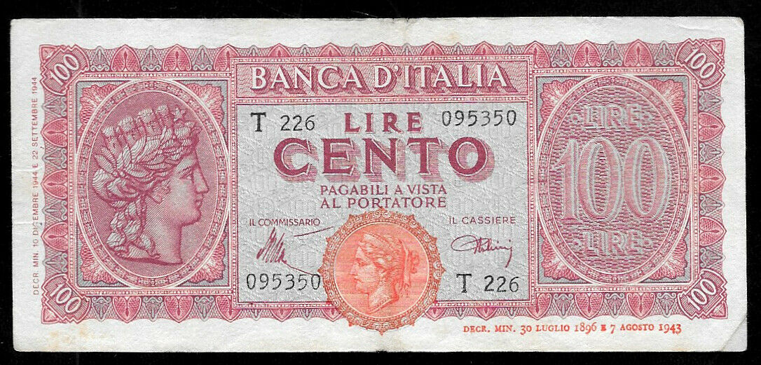World Paper Money - Italy 100 Lire 1944 P75a Series T226 @ Vf