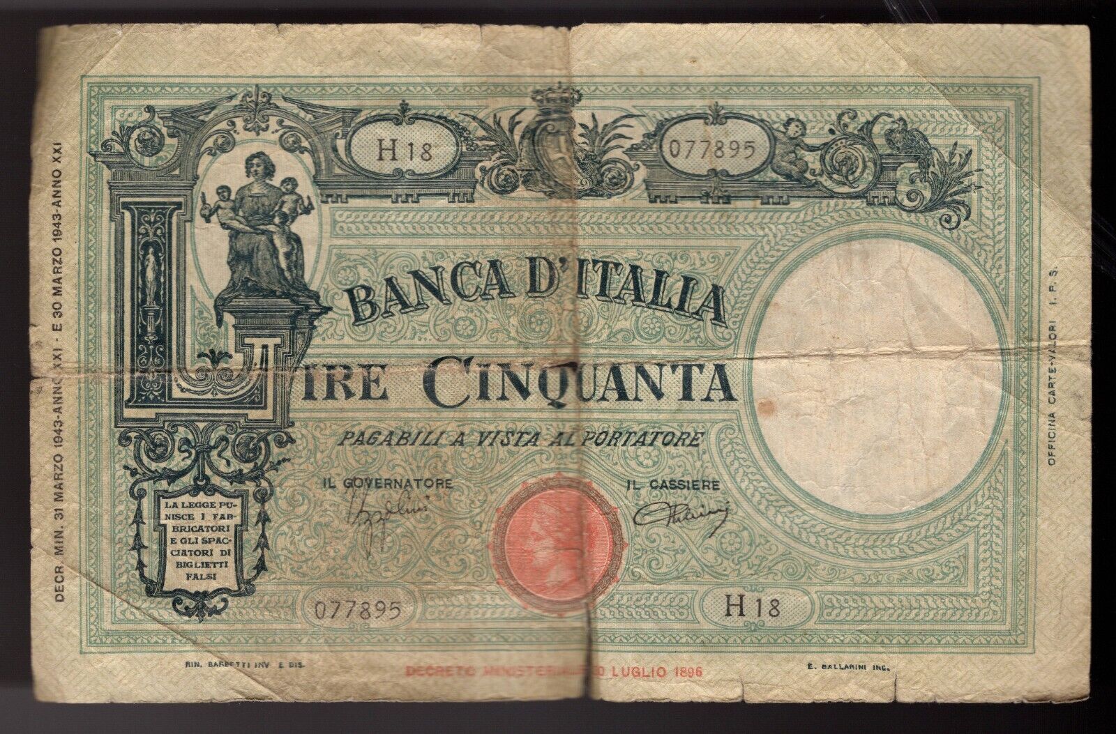 Italy 50 Lire 1943, Pick#64,
