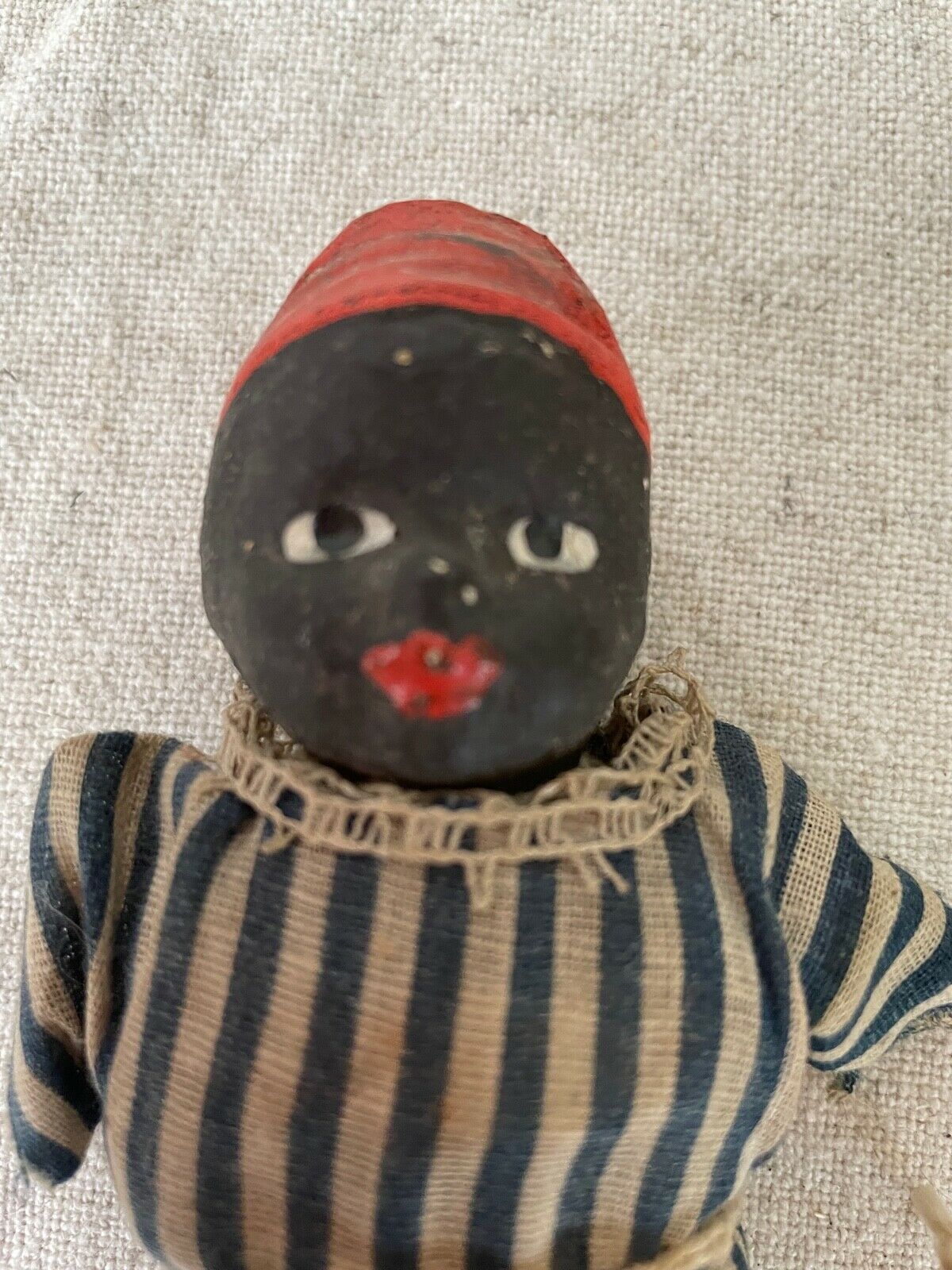 African American Black Doll Papier Mache Molded Red Hat Blue White  Cotton