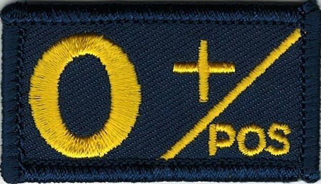 Navy Coast Guard Blue Yellow Blood Type O+ Positive Patch VELCRO® BRAND Hook Fas