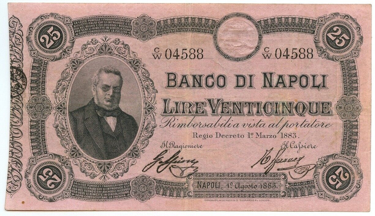 25 Lire Banco Di Napoli Biglietto Al Portatore Cavour 01/03/1883 Bb/bb+