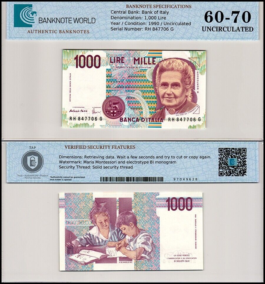 Italy 1,000 Lire, 1990, P-114c, Unc, Authenticated Banknote