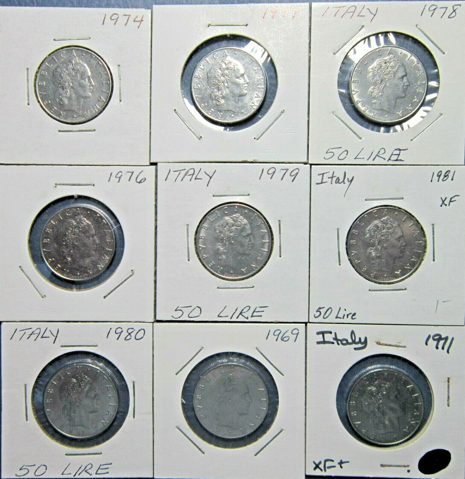 ITALY. HIGH GRADE ASSORTED LOT OF 9 COINS. 50 LIRE COINS. 1969-1981. SEE PICS