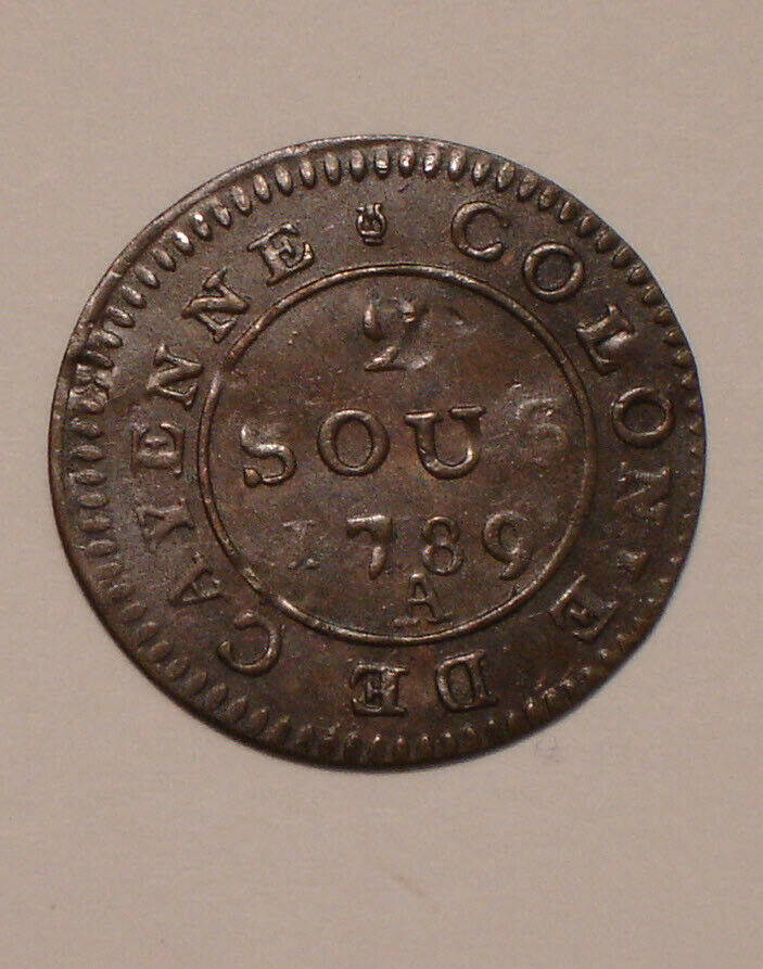 1789 Copper / Bronze 2 Sous Of French Guiana