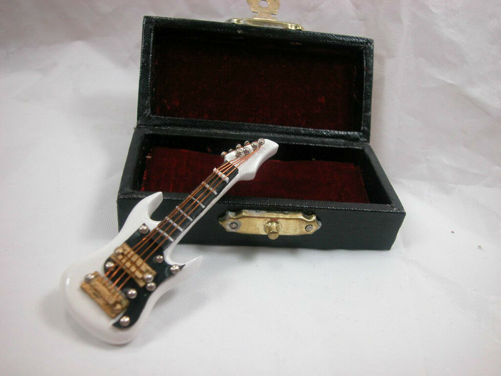 Dollhouse Miniature Music  2.5" Electric Guitar W/case #z219 White Will Not Play