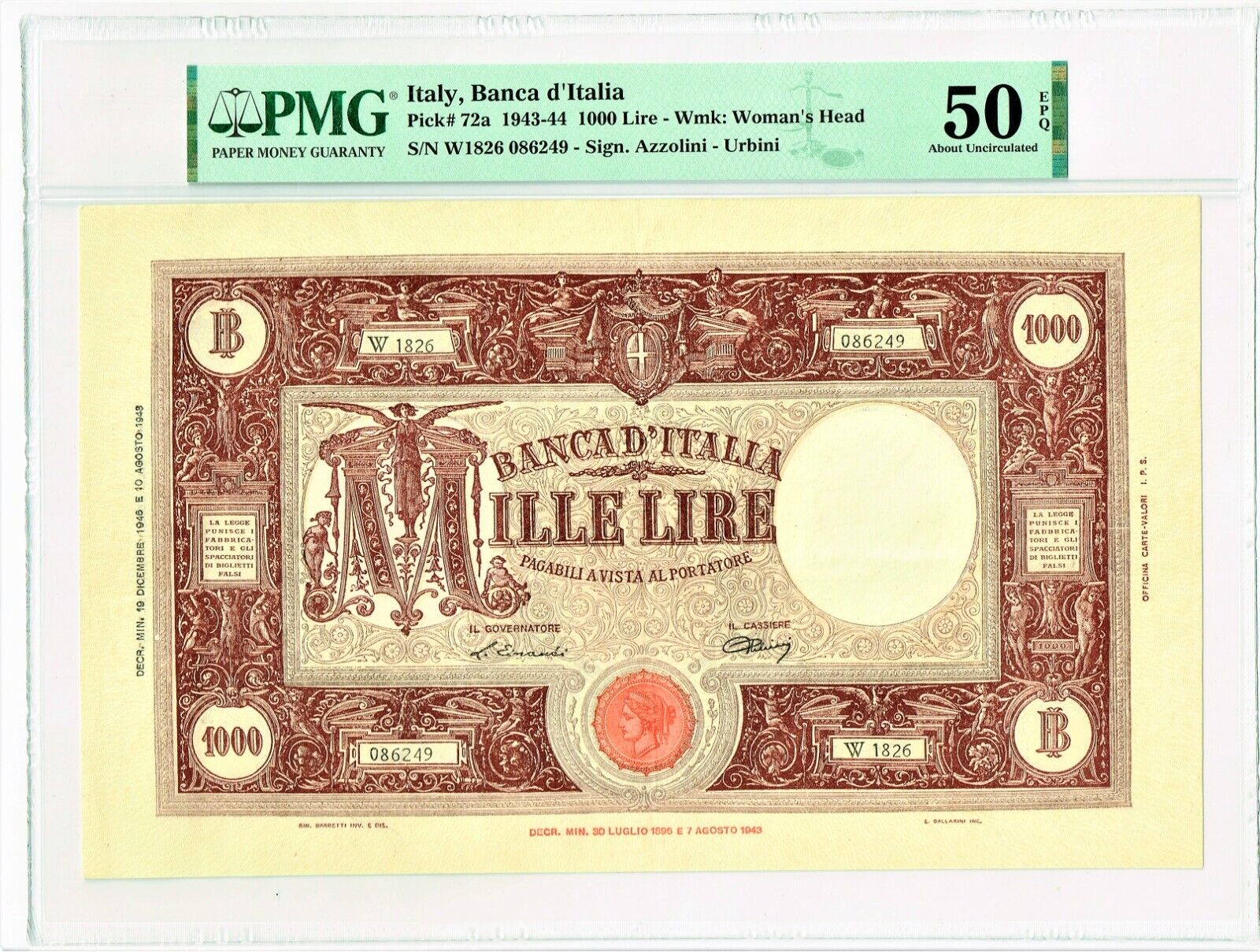 Italy Banco D'italia 1000 Lire 10.8.1943 Pick 72a Pmg About Uncirculated 50 Epq.