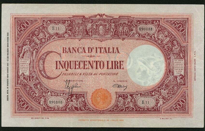 ITALY BANCA D'ITALIA  (BANK OF ITALY)  1943  500 LIRE BANKNOTE, VF/VF+, PICK-69
