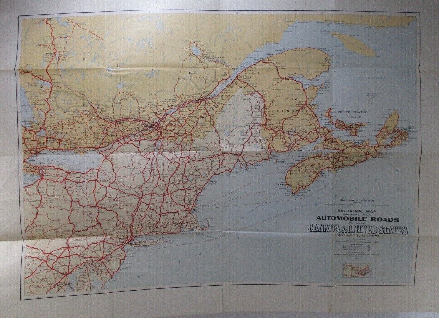 Vintage 1929 Dept Of Interior Canada Sectional Automobile Roads US & Canada Map