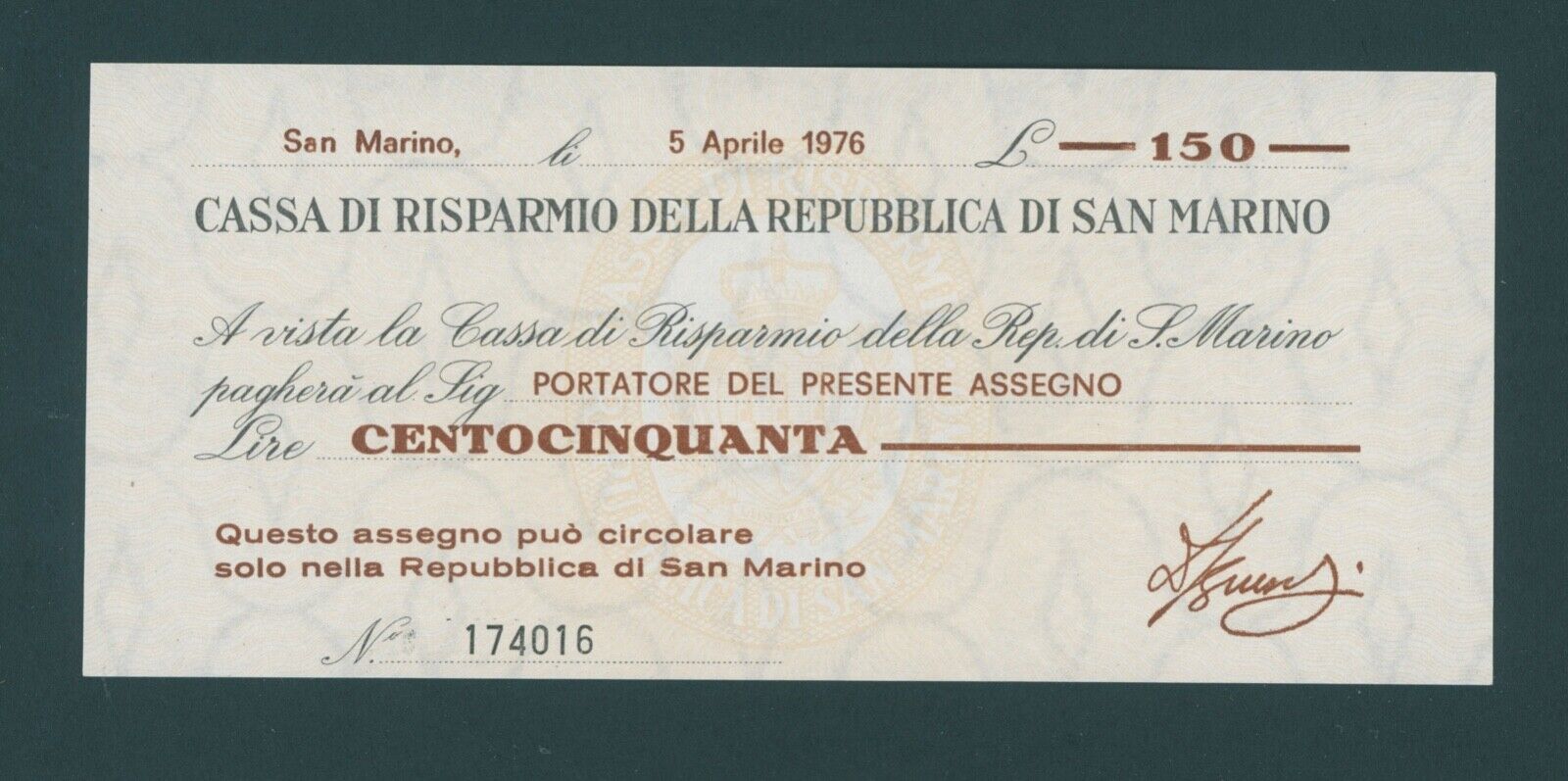 San Marino  150  Lire  1976   Pick # S101  Unc.