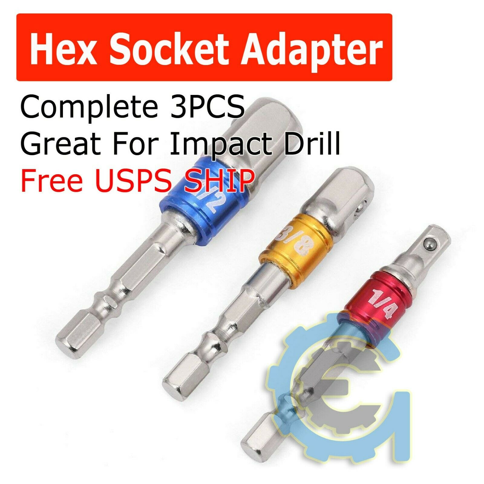 Socket Adapter Set Hex Shank To 1/4" 3/8" 1/2" Impact Driver Drill 3 Pcs Color